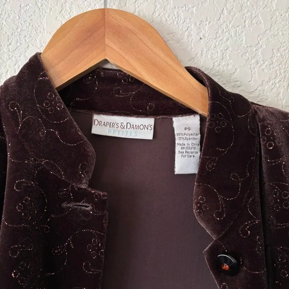 Draper’s & Damon's Vintage Brown Velvet Floral Glitter Button Down Shirt Size S - Picture 4 of 11